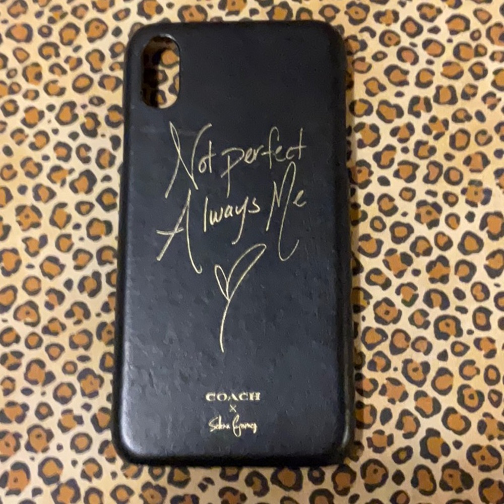 Beautiful brand new Coach black leather with gold writing IPHONE X case w suede.